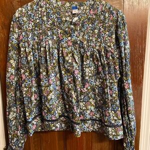 Old Navy Olive Floral Pintuck Button-Front Blouse with Pink & Blue Accents